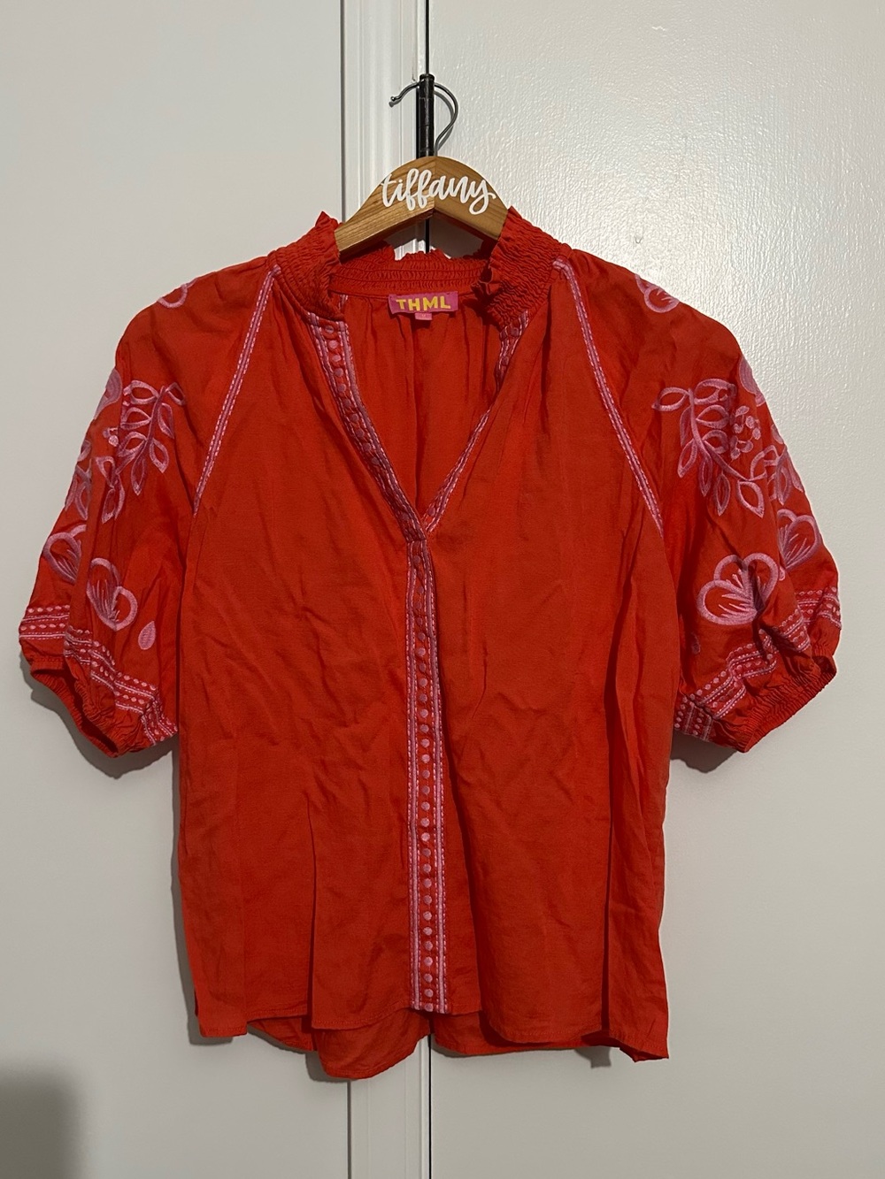THML Bright Red Embroidered Puff Sleeve Blouse